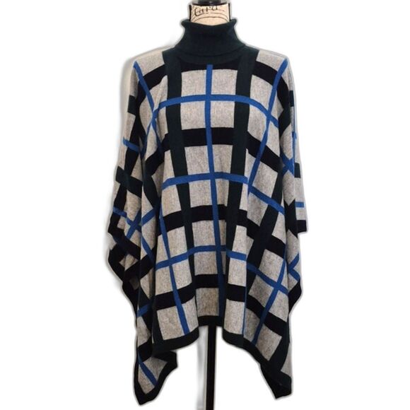 Soft Naadam Cashmere Plaid Poncho OS Luxe Jacquard Gray Blue Green Ribbed Neck - Picture 1 of 11